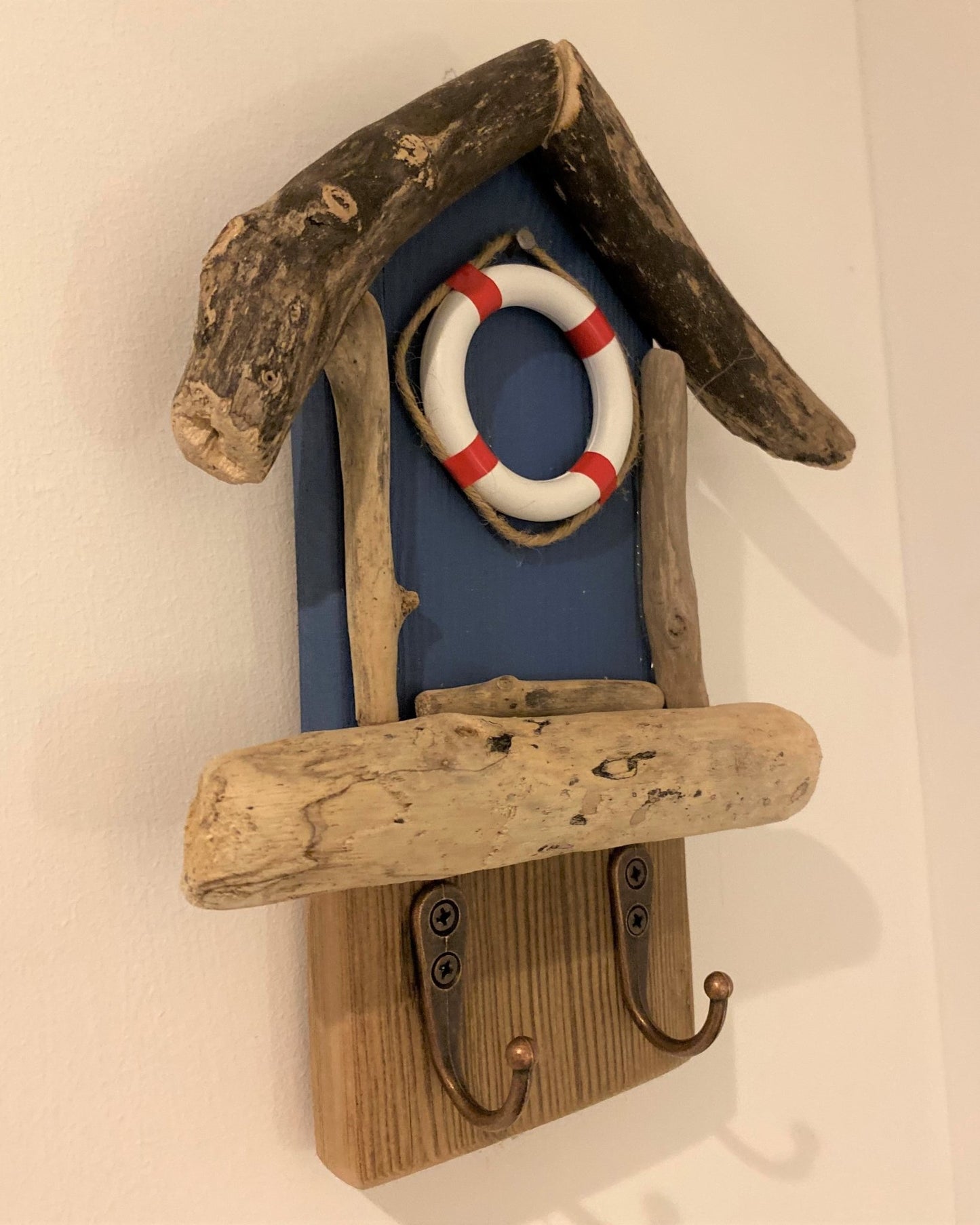 Driftwood Beach Hut Hooks with Lifebuoy - Blue - Drift Craft by Jo