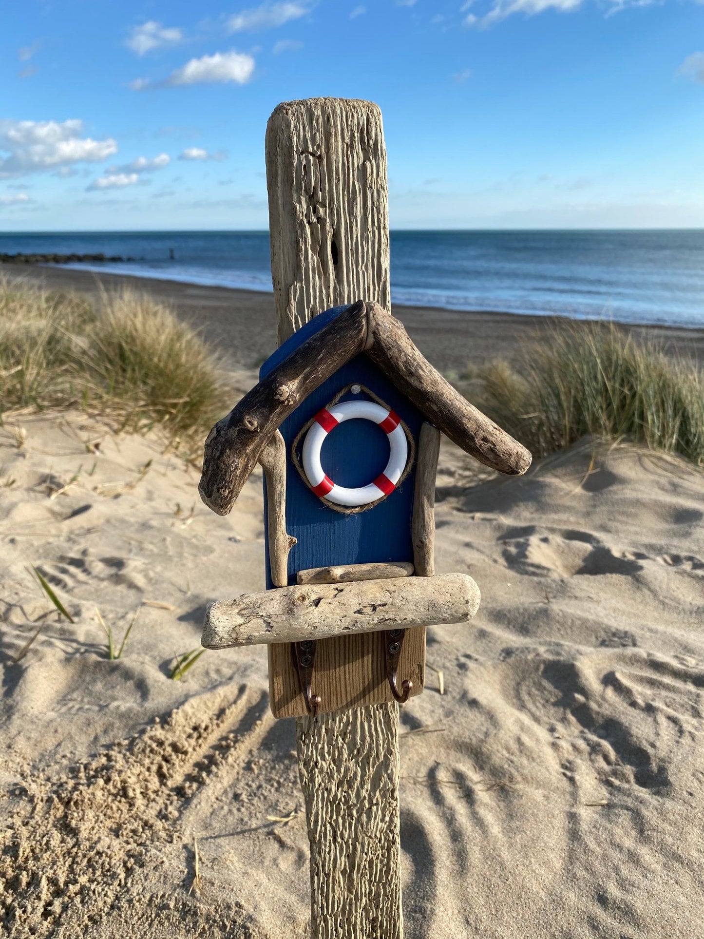 Driftwood Beach Hut Hooks with Lifebuoy - Blue - Drift Craft by Jo