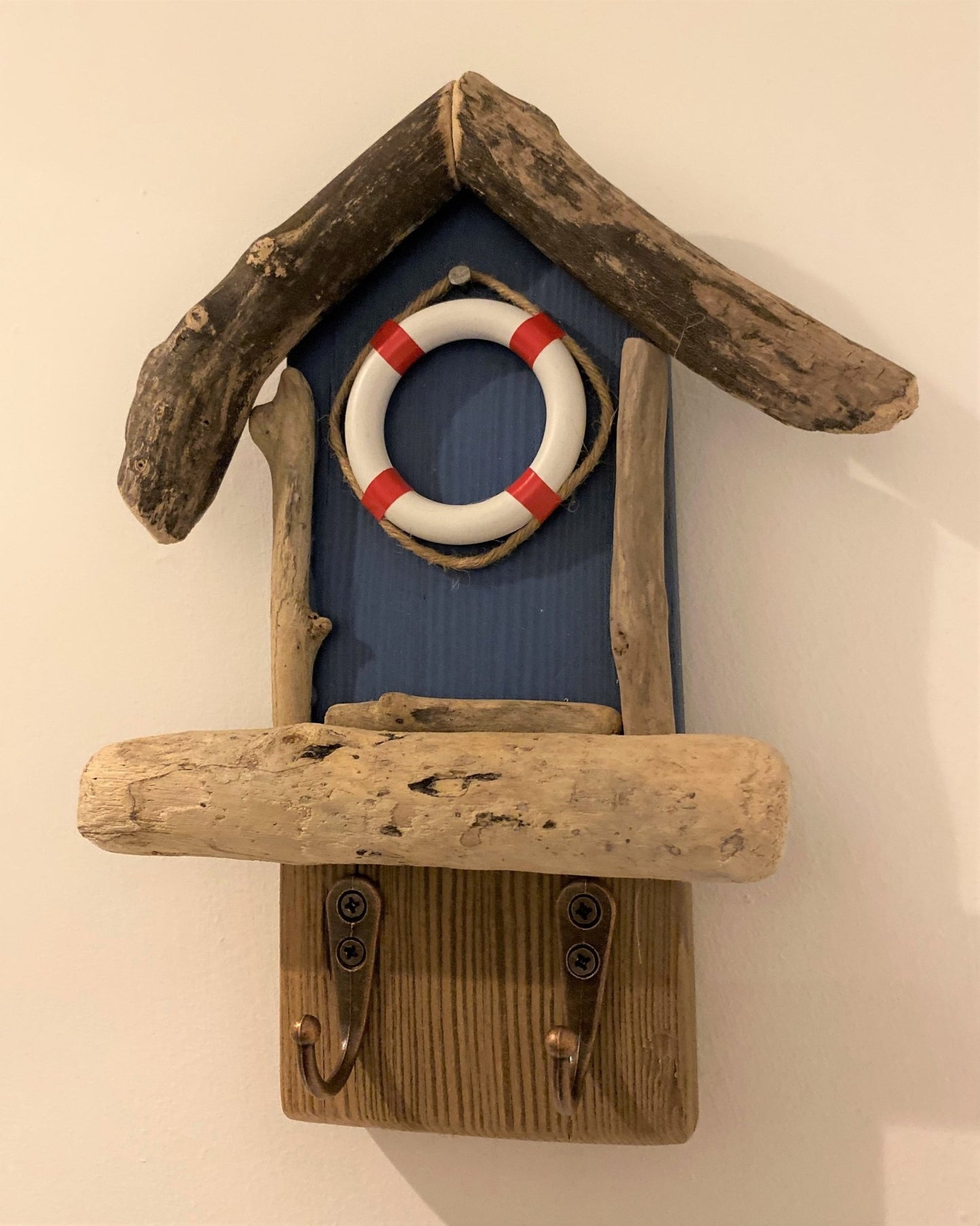 Driftwood Beach Hut Hooks with Lifebuoy - Blue - Drift Craft by Jo