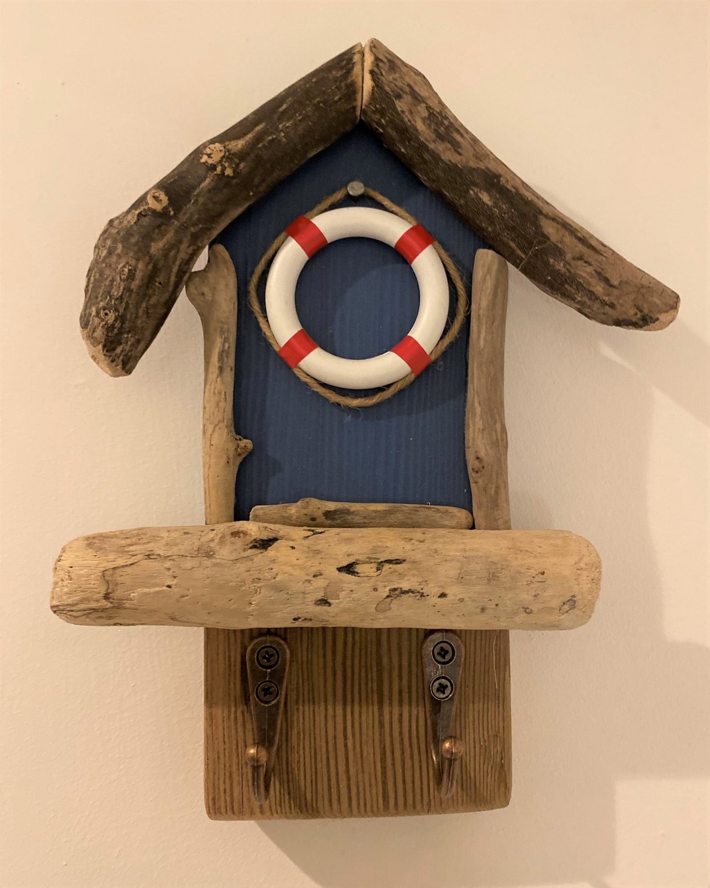 Driftwood Beach Hut Hooks with Lifebuoy - Blue - Drift Craft by Jo