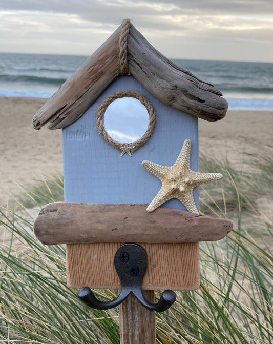Driftwood Beach Hut Hooks with Starfish - Coastal Blue - Drift Craft by Jo