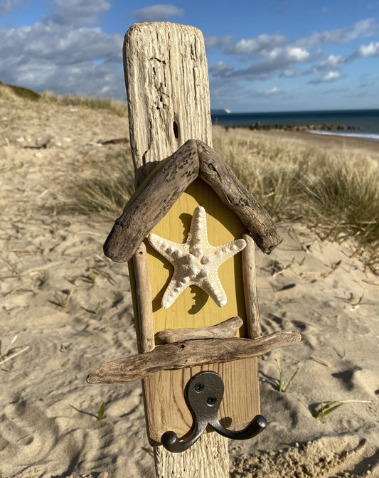 Driftwood Beach Hut Hooks with Starfish - Yellow - Drift Craft by Jo