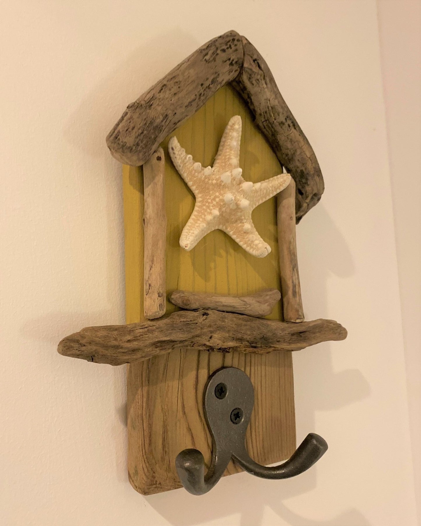 Driftwood Beach Hut Hooks with Starfish - Yellow - Drift Craft by Jo