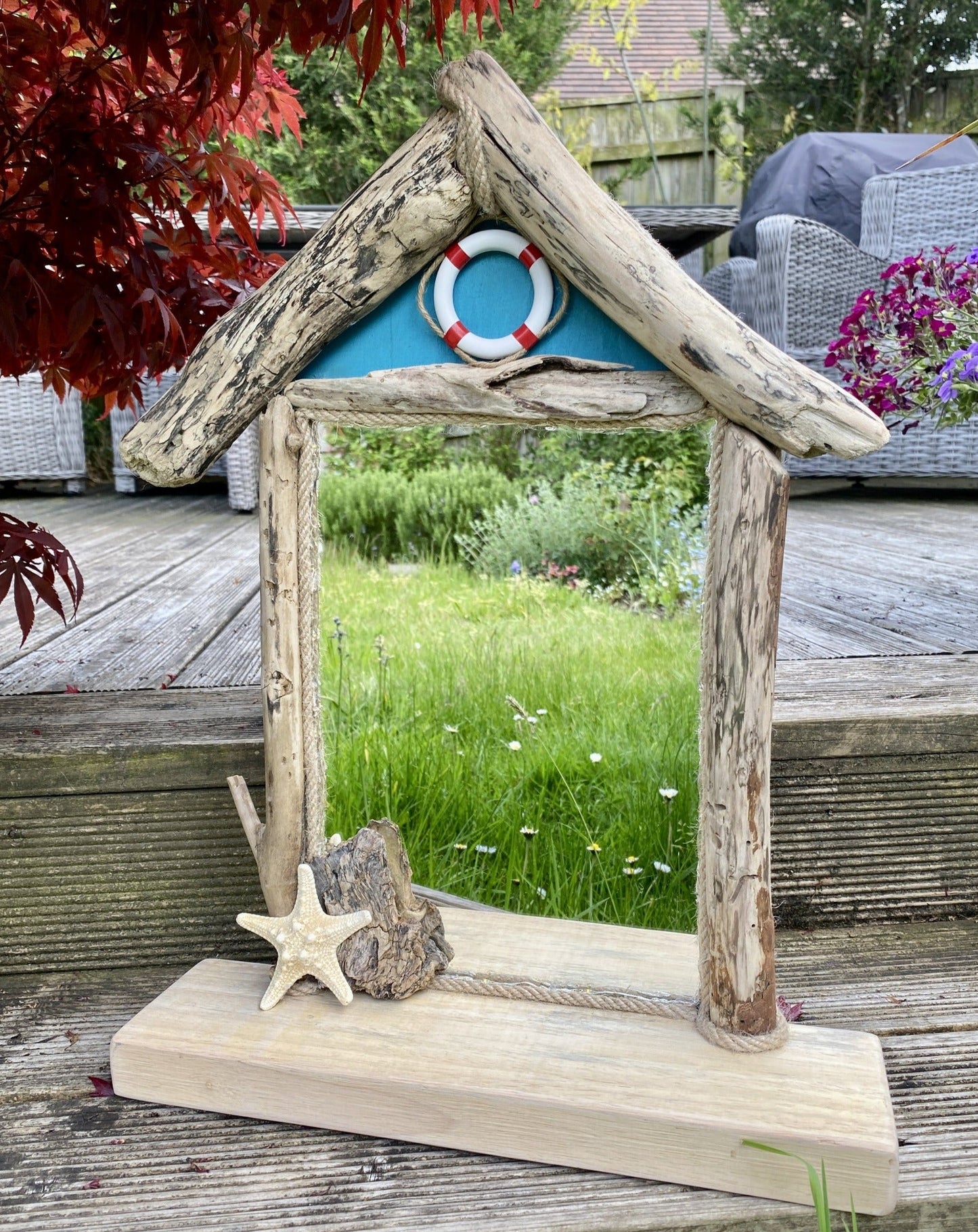 Driftwood Beach Hut Illuminating Mirror with Shelf - Turquoise with Starfish - Drift Craft by Jo