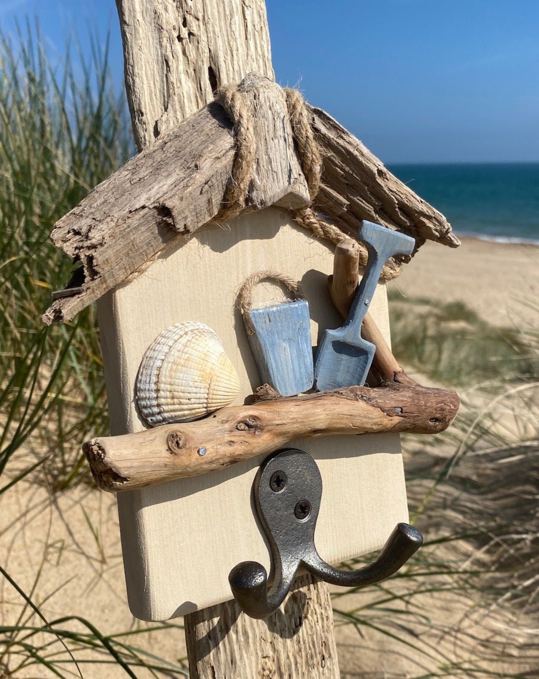 Driftwood Beach Hut Key Hooks - Cream with Bucket & Spade - Drift Craft by Jo