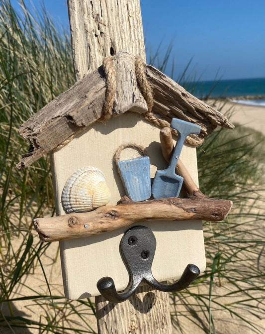 Driftwood Beach Hut Key Hooks - Cream with Bucket & Spade - Drift Craft by Jo