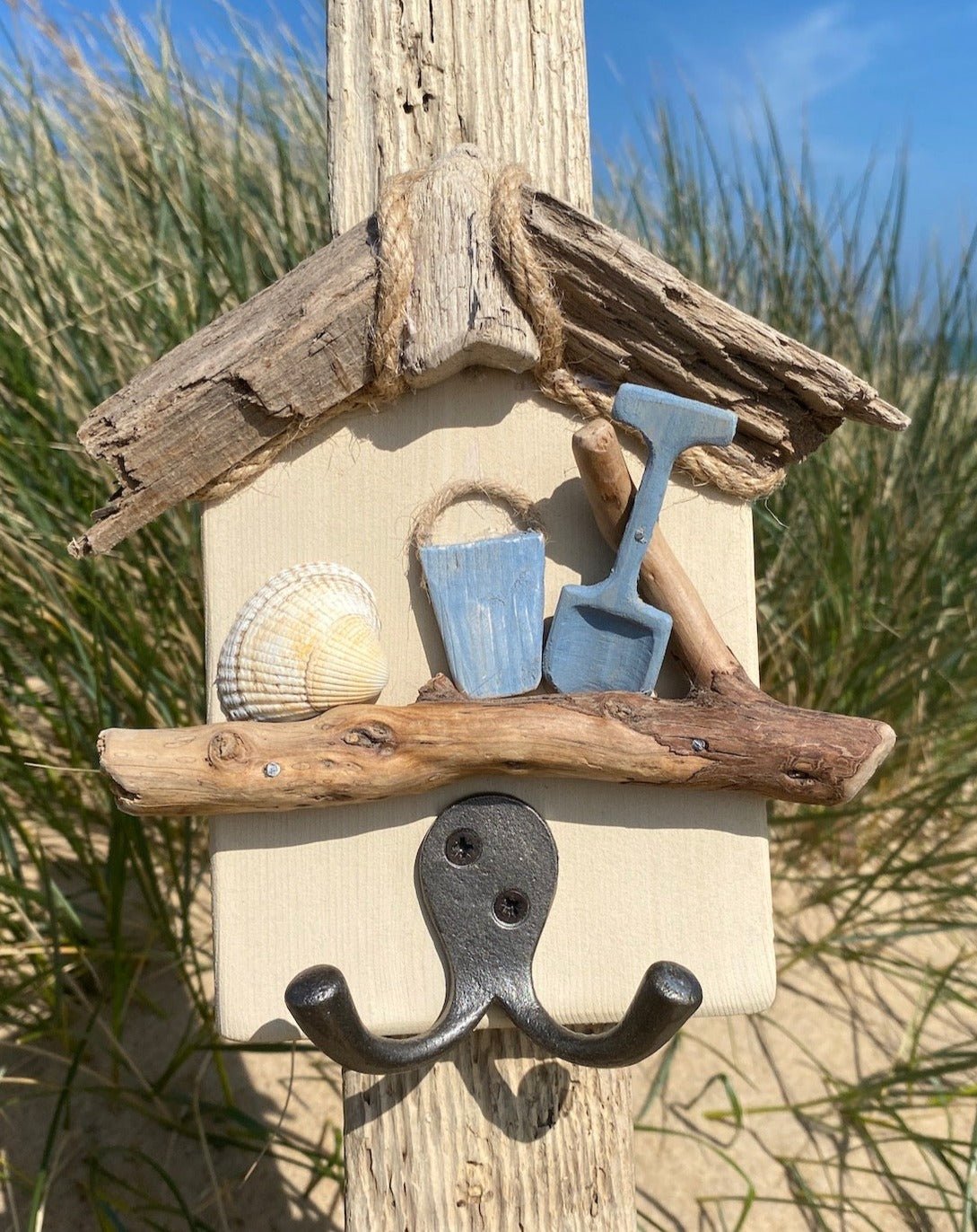 Driftwood Beach Hut Key Hooks - Cream with Bucket & Spade - Drift Craft by Jo