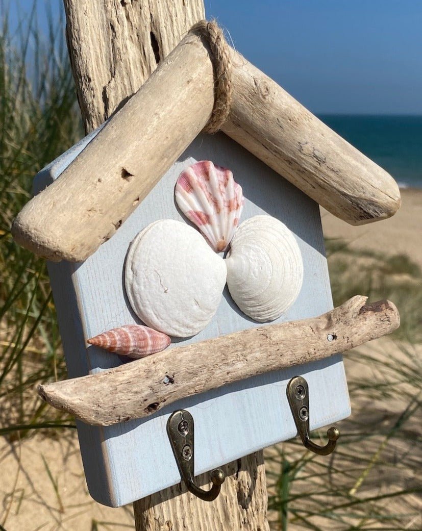 Driftwood Beach Hut Key Hooks - Light Blue with Shells - Drift Craft by Jo