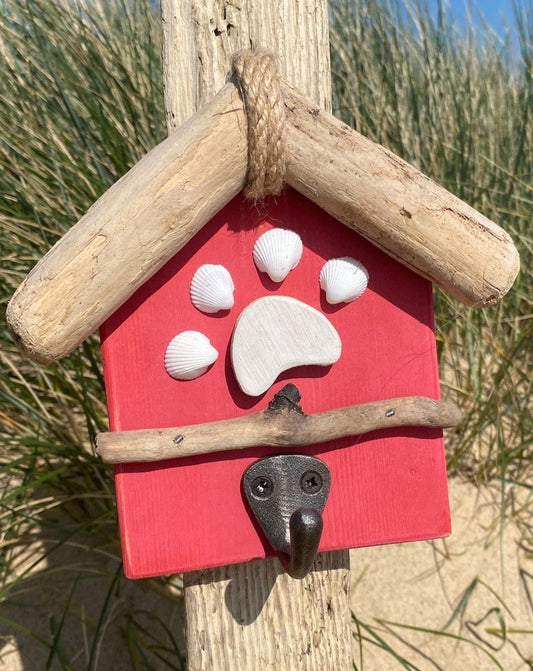 Driftwood Beach Hut Key Hooks - Red with Paw Print - Drift Craft by Jo