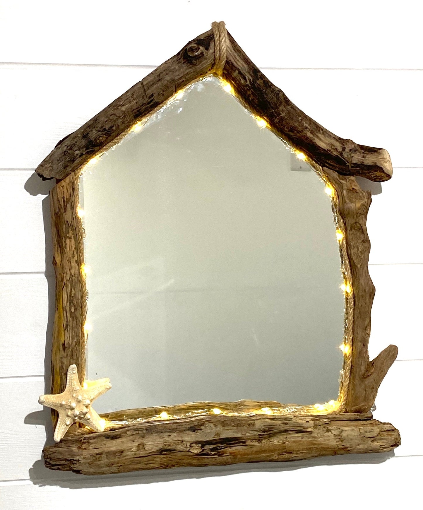 Driftwood Beach Hut Mirror with Lights - Drift Craft by Jo