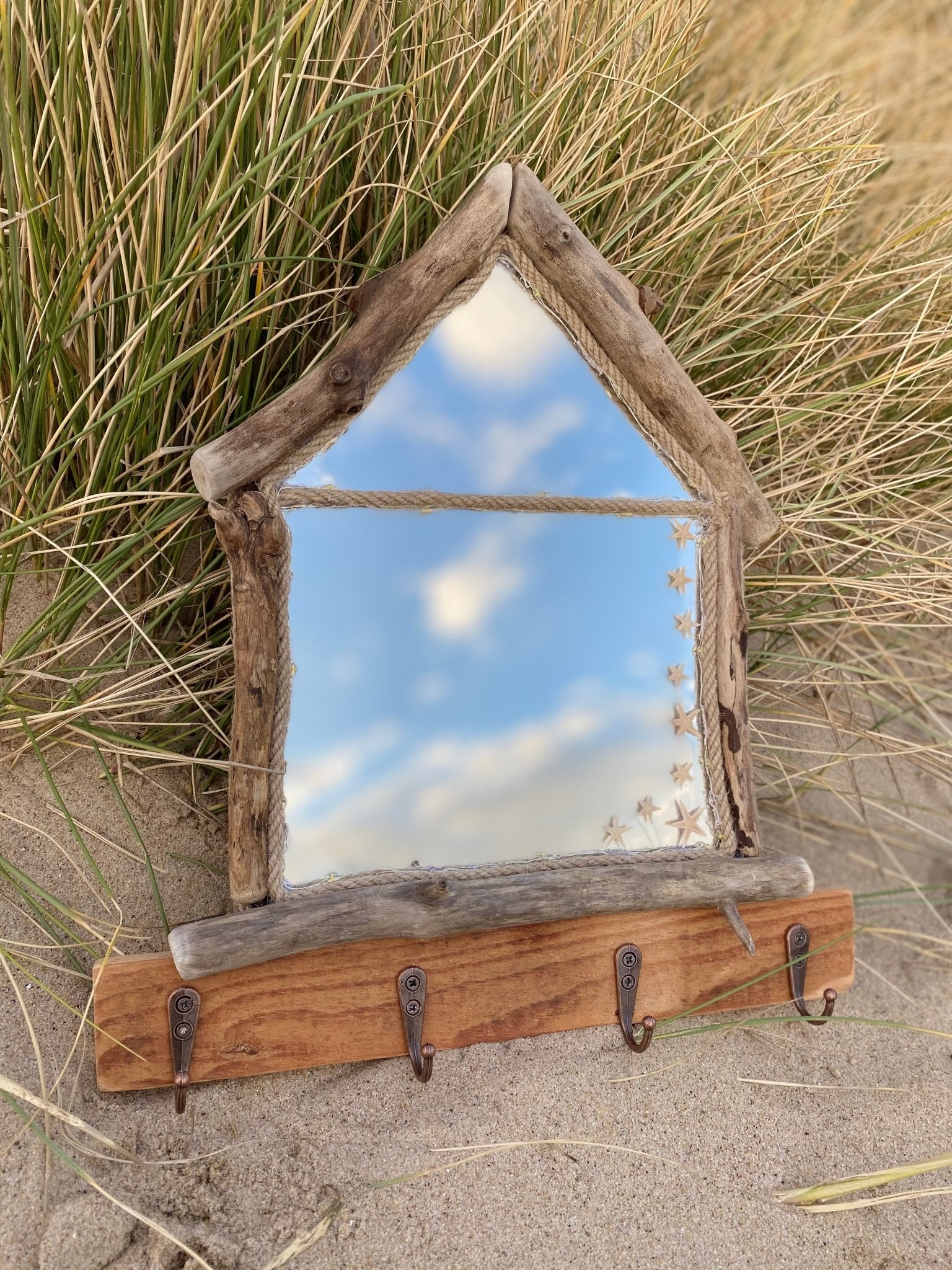 Driftwood Beach Hut Mirror with Lights and Hooks - Drift Craft by Jo
