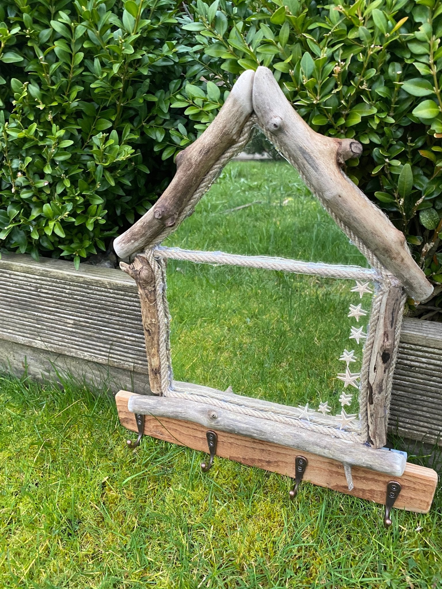 Driftwood Beach Hut Mirror with Lights and Hooks - Drift Craft by Jo