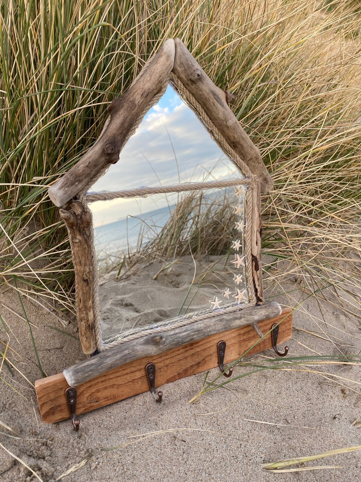 Driftwood Beach Hut Mirror with Lights and Hooks - Drift Craft by Jo