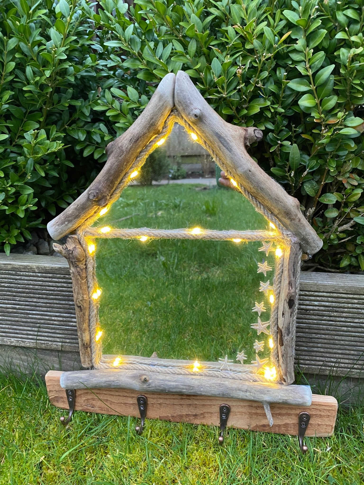 Driftwood Beach Hut Mirror with Lights and Hooks - Drift Craft by Jo