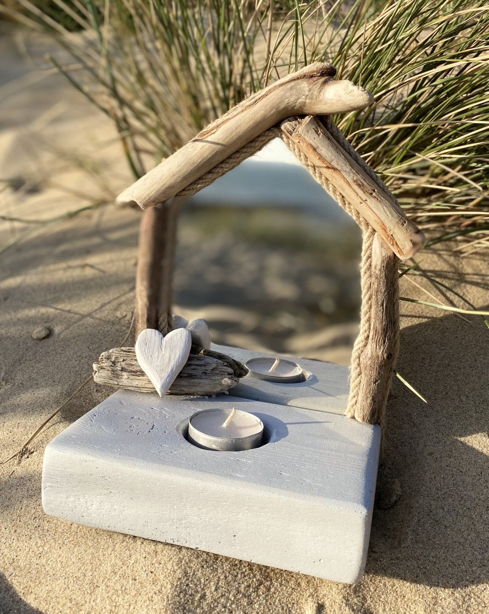 Driftwood Beach hut mirror with tea light - grey base white heart - Drift Craft by Jo