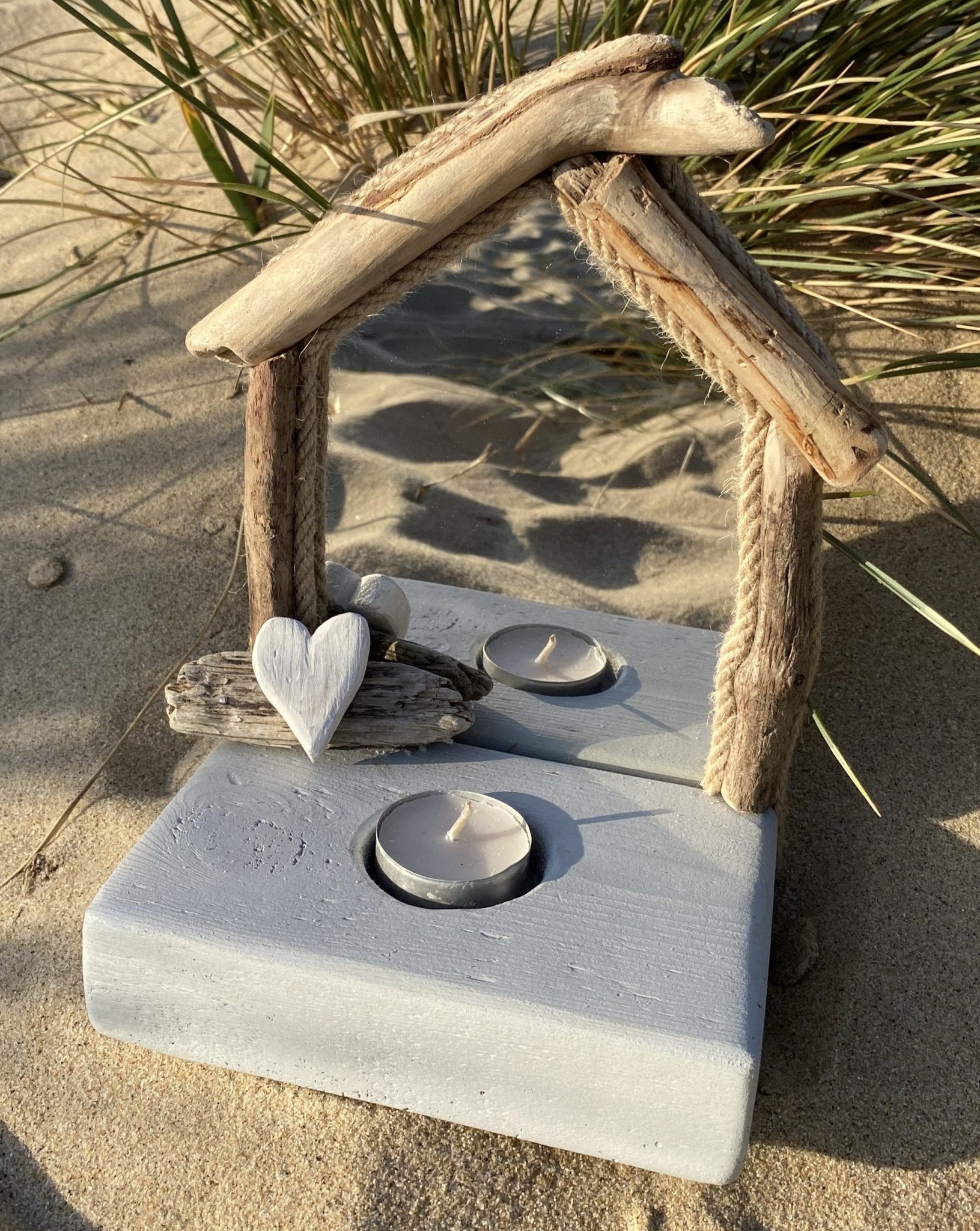 Driftwood Beach hut mirror with tea light - grey base white heart - Drift Craft by Jo
