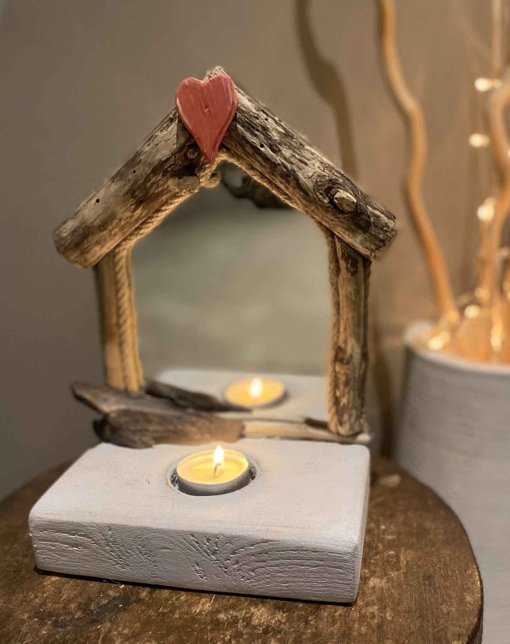 Driftwood Beach hut mirror with tea light - Red Heart - Drift Craft by Jo