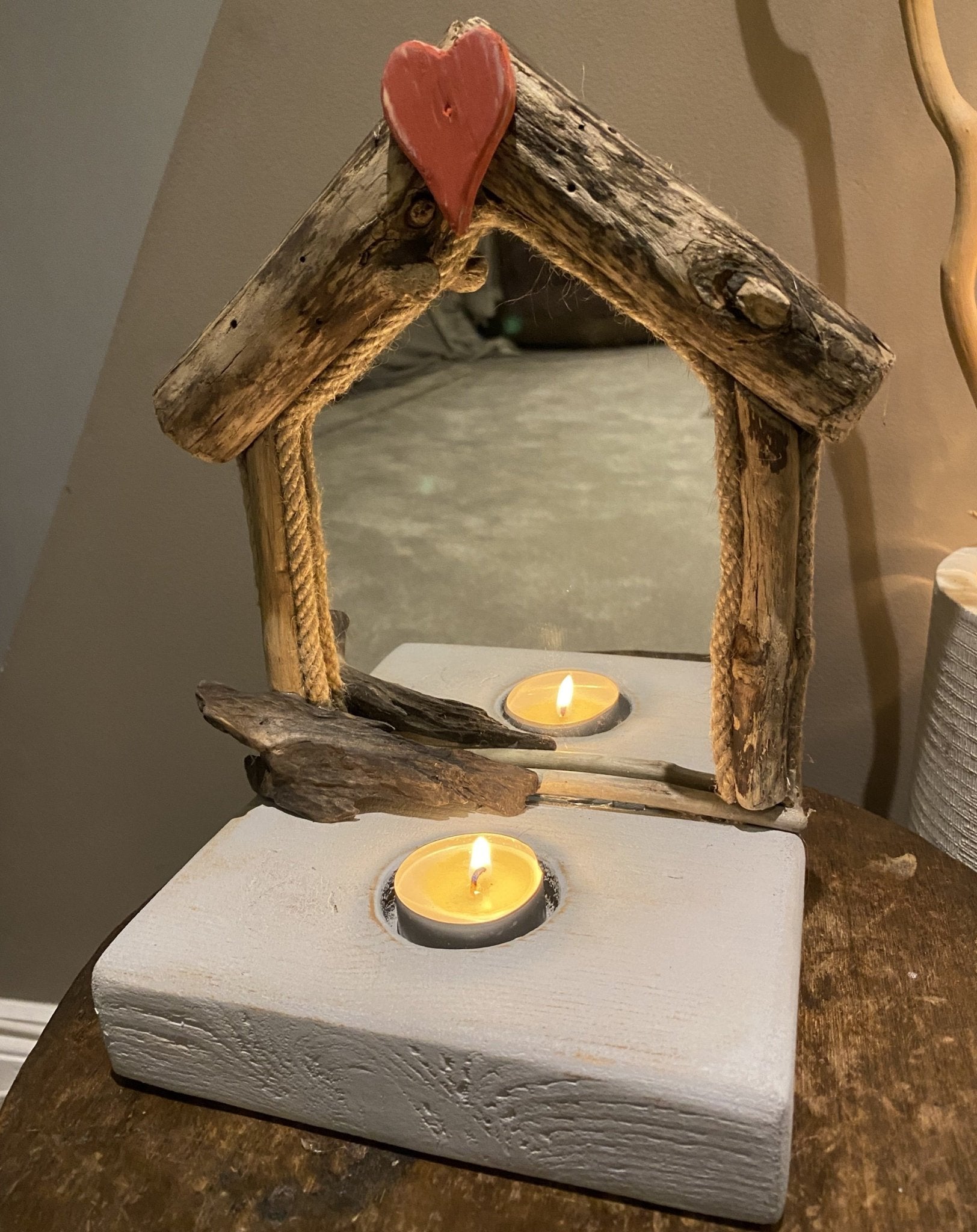 Driftwood Beach hut mirror with tea light - Red Heart - Drift Craft by Jo