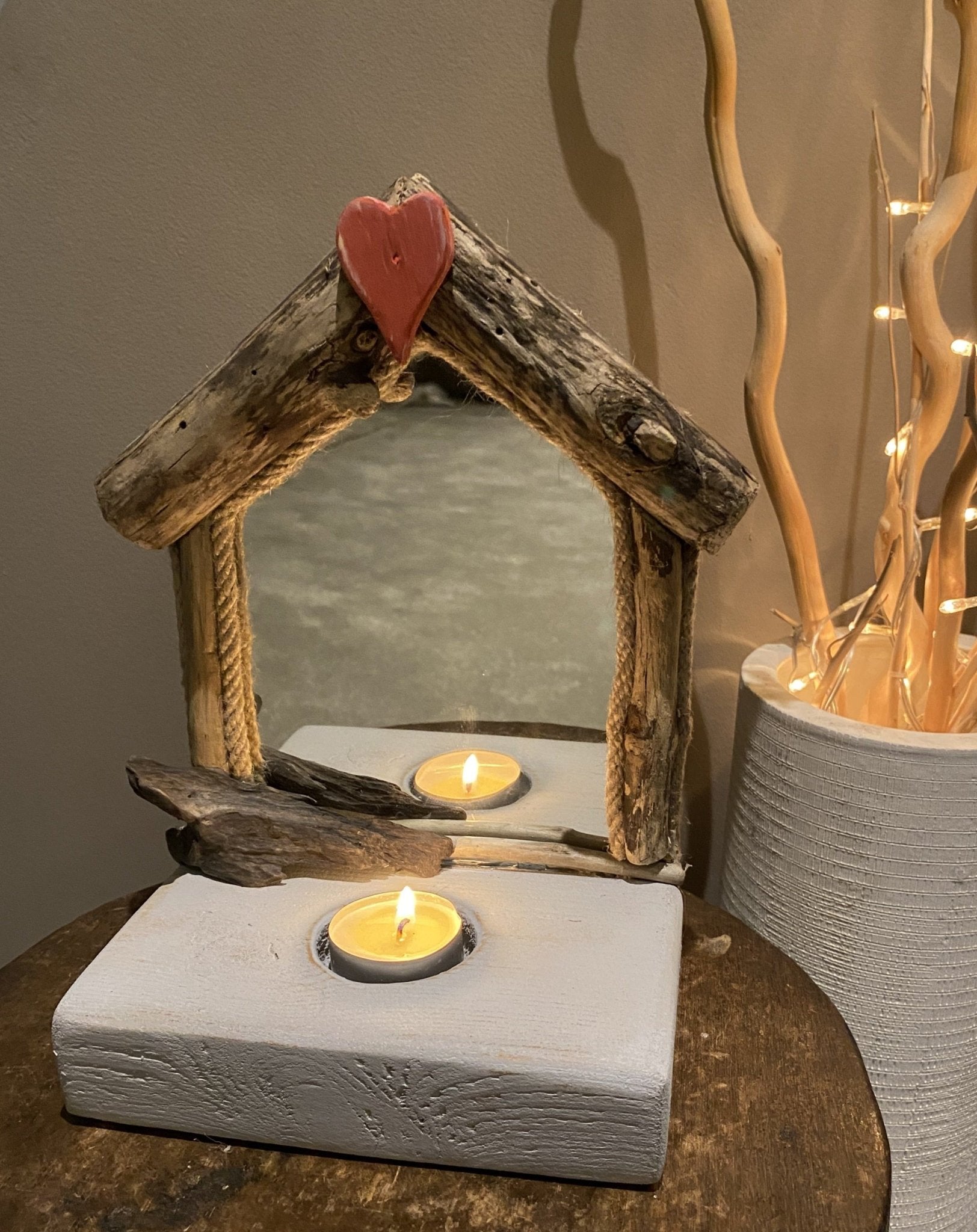 Driftwood Beach hut mirror with tea light - Red Heart - Drift Craft by Jo