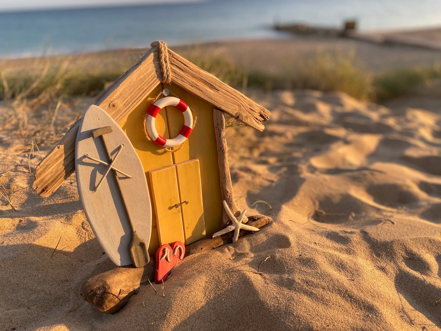 Driftwood Beach Hut SUP Shack - Yellow with flip flops, starfish and life bouy - Drift Craft by Jo