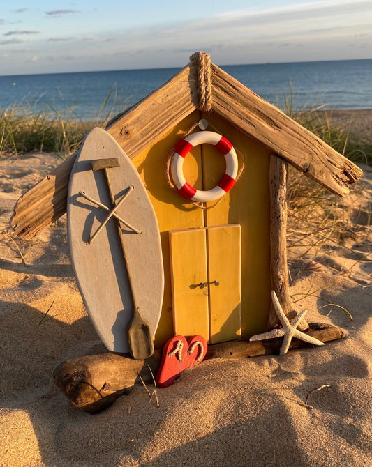Driftwood Beach Hut SUP Shack - Yellow with flip flops, starfish and life bouy - Drift Craft by Jo