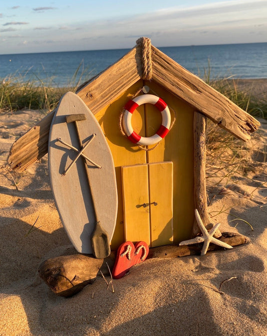 Driftwood Beach Hut SUP Shack - Yellow with flip flops, starfish and life bouy - Drift Craft by Jo