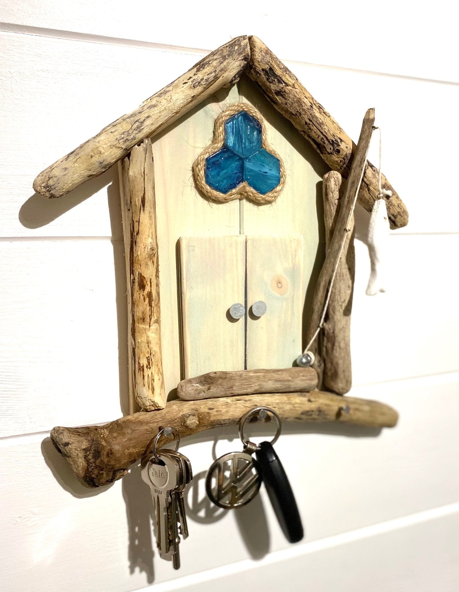 Driftwood Beach Hut with Key Hooks & Fishing Rod - Green - Drift Craft by Jo