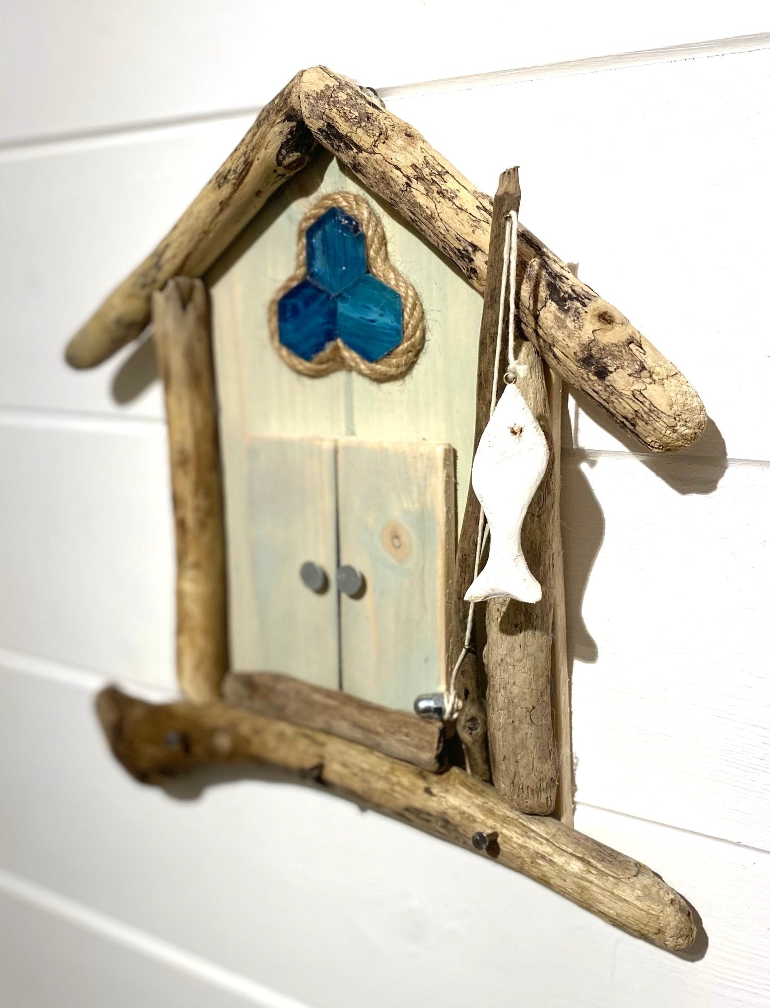 Driftwood Beach Hut with Key Hooks & Fishing Rod - Green - Drift Craft by Jo