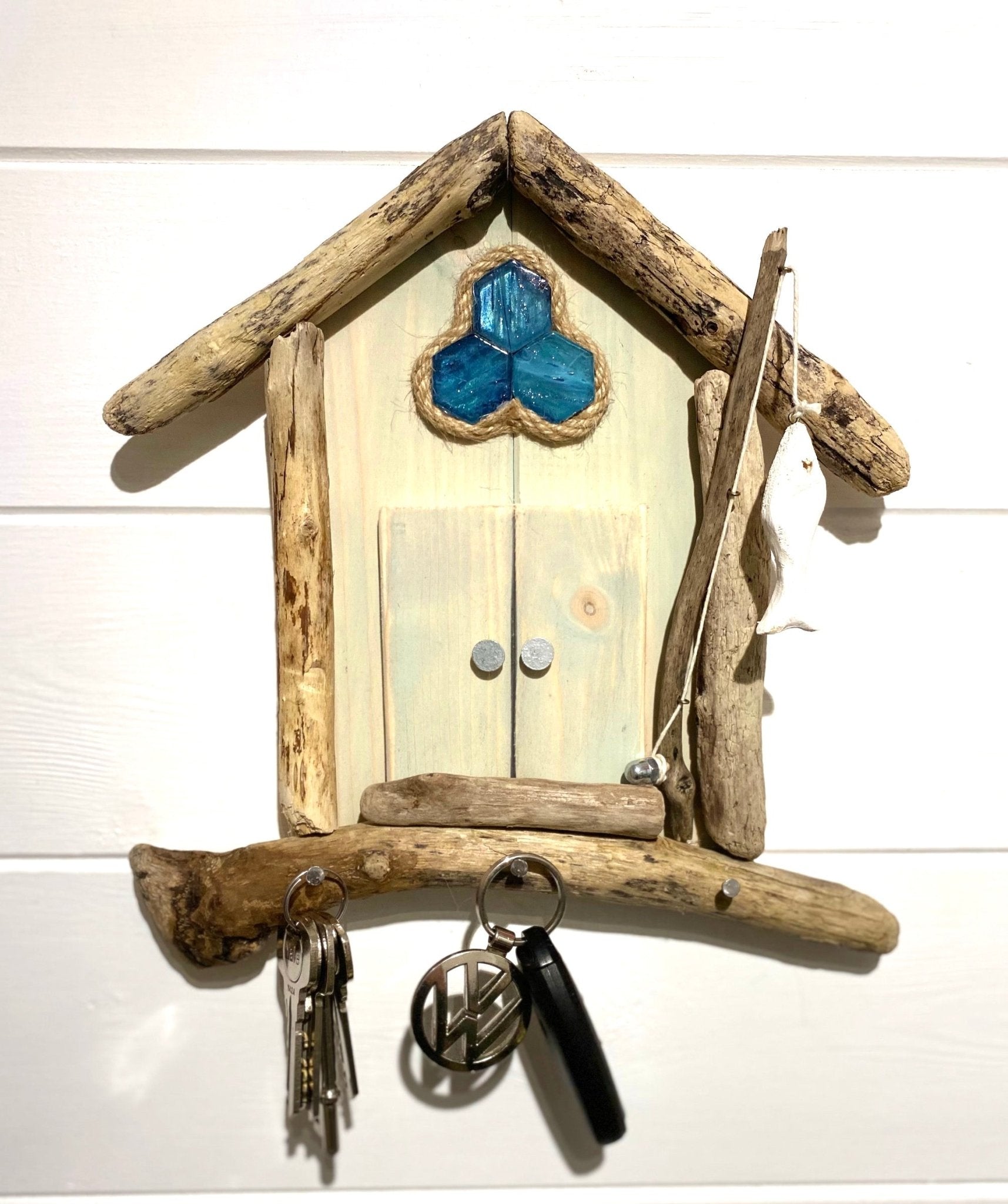 Driftwood Beach Hut with Key Hooks & Fishing Rod - Green - Drift Craft by Jo