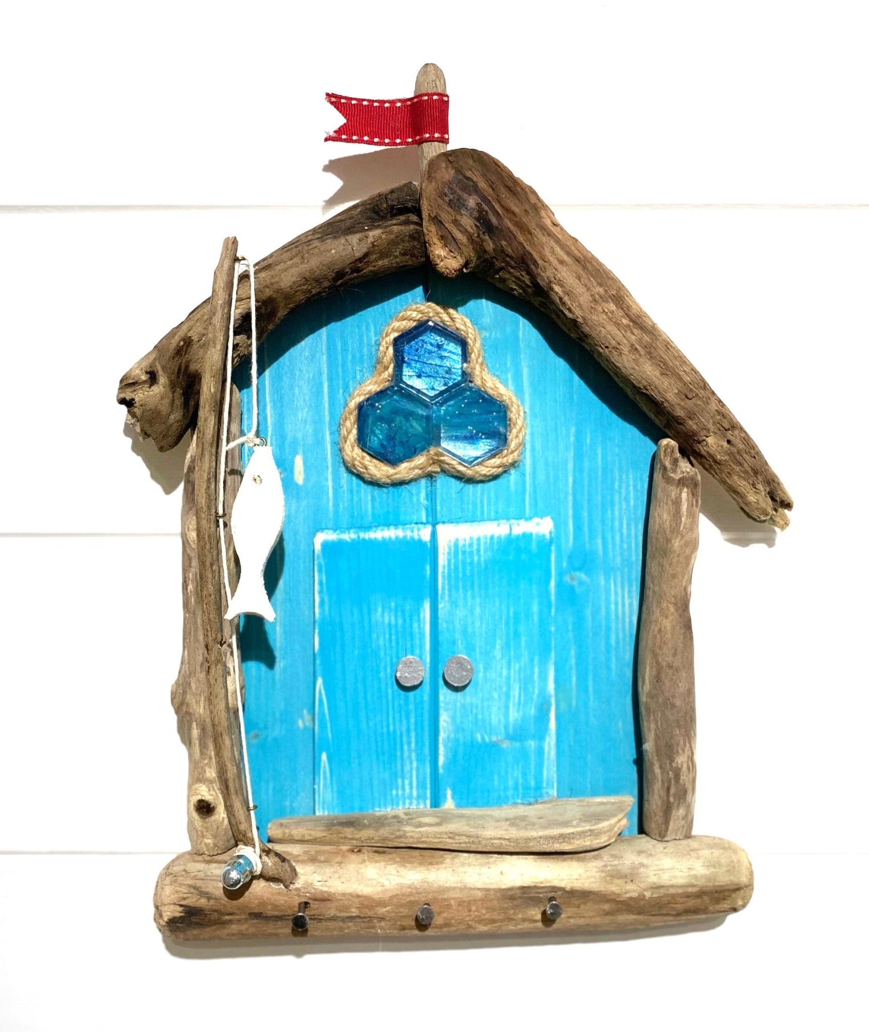 Driftwood Beach Hut with Key Hooks & Fishing Rod - Turquoise - Drift Craft by Jo
