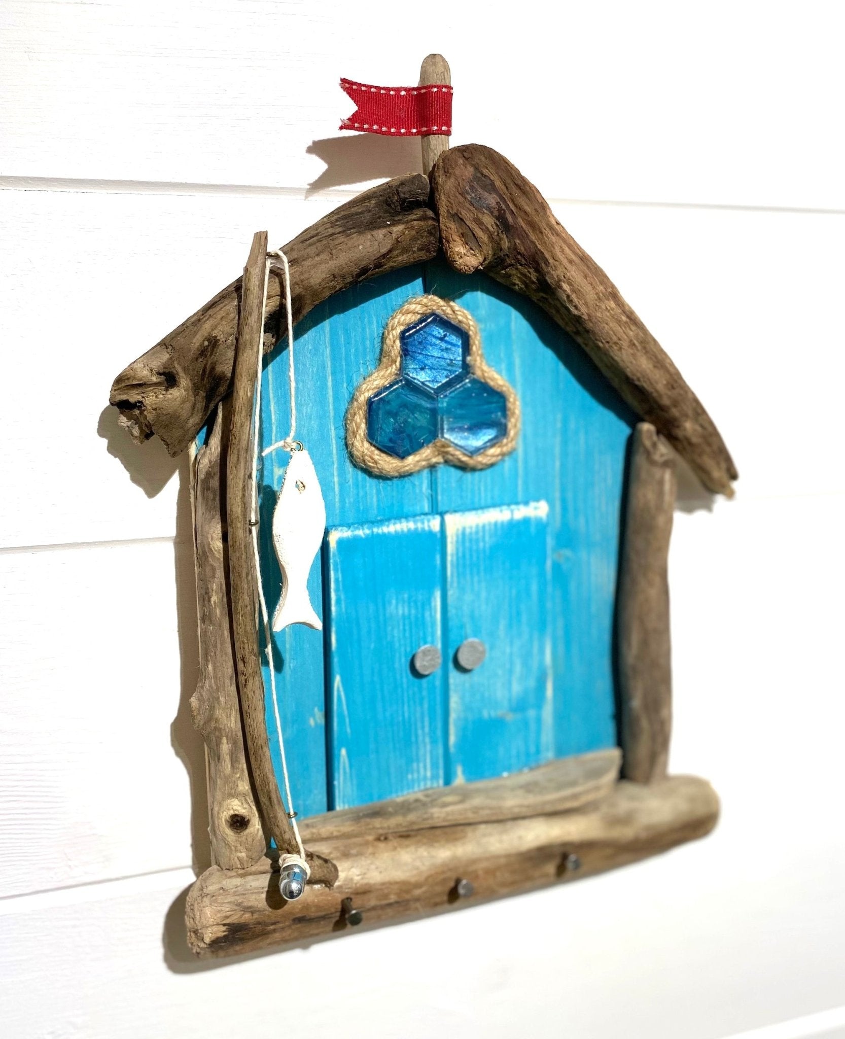 Driftwood Beach Hut with Key Hooks & Fishing Rod - Turquoise - Drift Craft by Jo
