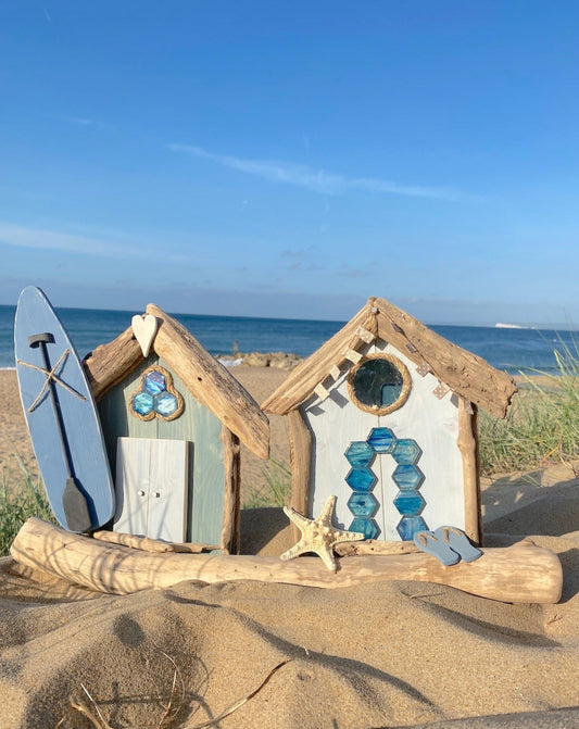 Driftwood Beach Huts - Double Turquoise and Blue with Paddleboard, Bunting, Starfish and Flip Flops - Drift Craft by Jo