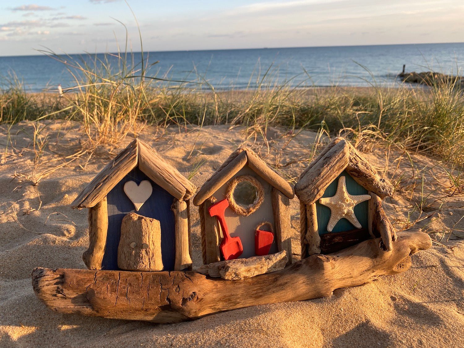 Driftwood Beach Huts - Triple Blue, Grey, Aqua - Drift Craft by Jo