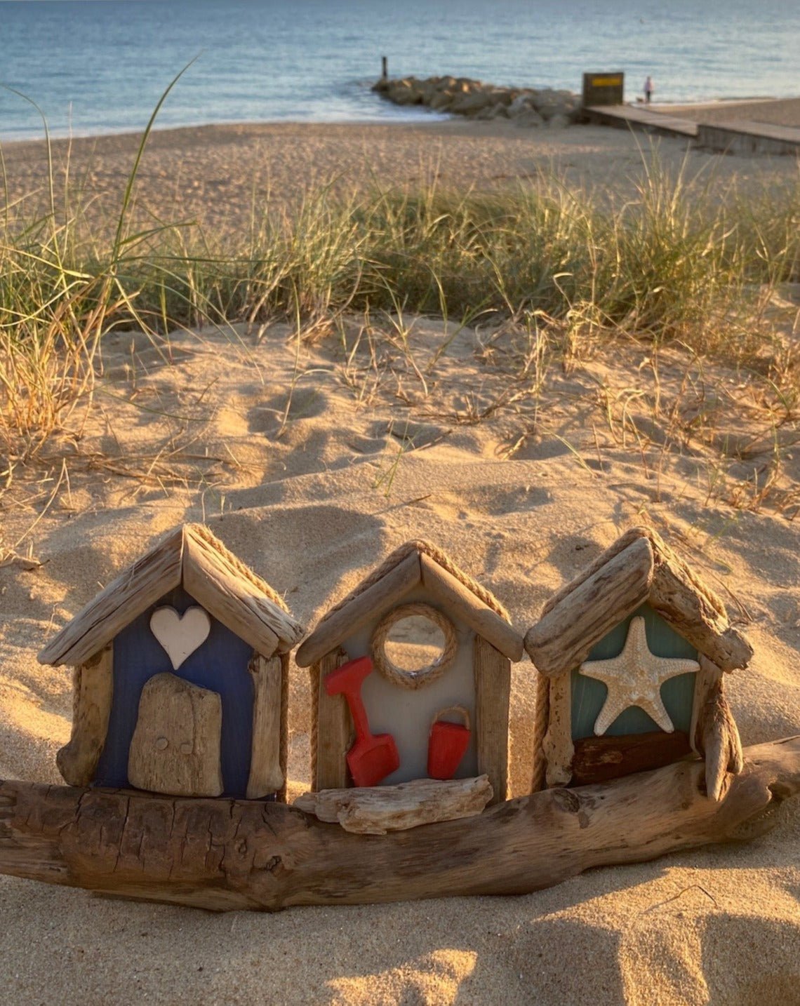 Driftwood Beach Huts - Triple Blue, Grey, Aqua - Drift Craft by Jo
