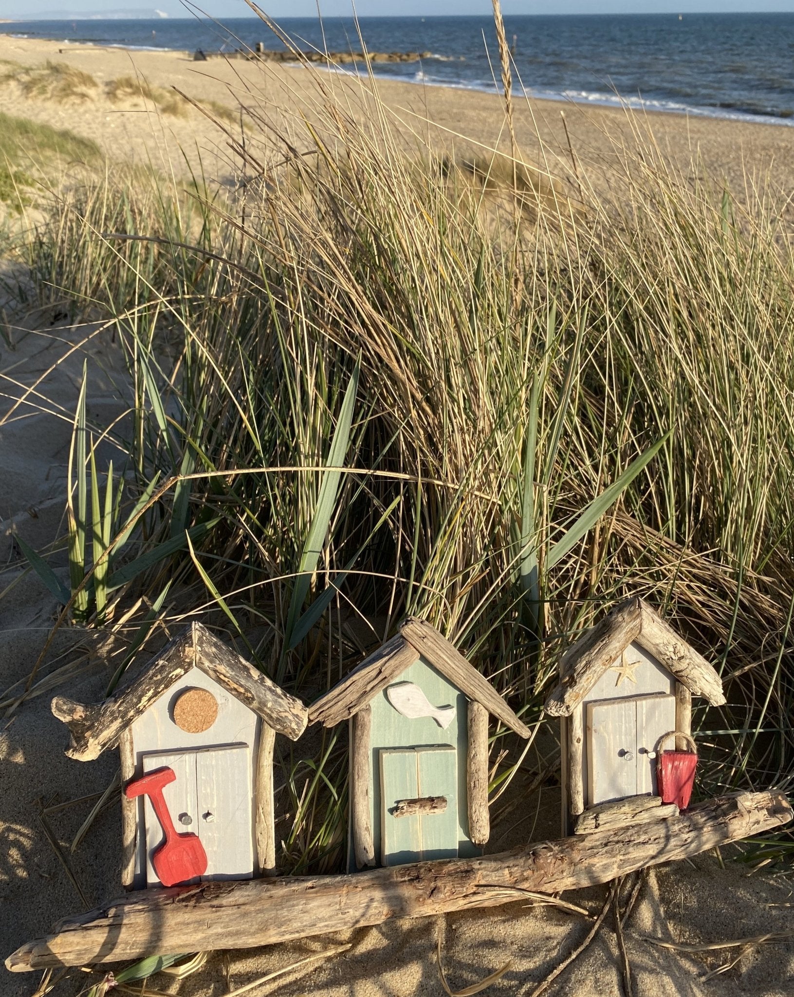 Driftwood beach huts - triple grey green grey - red bucket and spade - Drift Craft by Jo