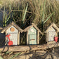 Driftwood beach huts - triple grey green grey - red bucket and spade - Drift Craft by Jo