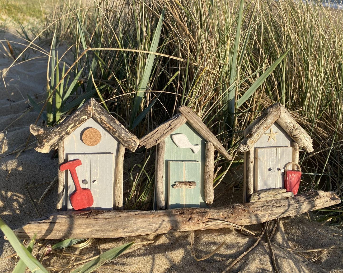Driftwood beach huts - triple grey green grey - red bucket and spade - Drift Craft by Jo