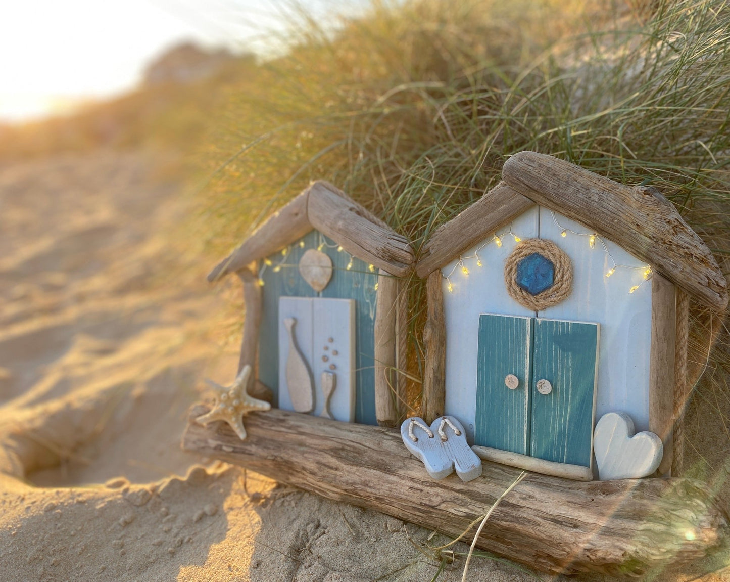 Driftwood beach huts with Fairy lights - double Blue Aqua - Drift Craft by Jo