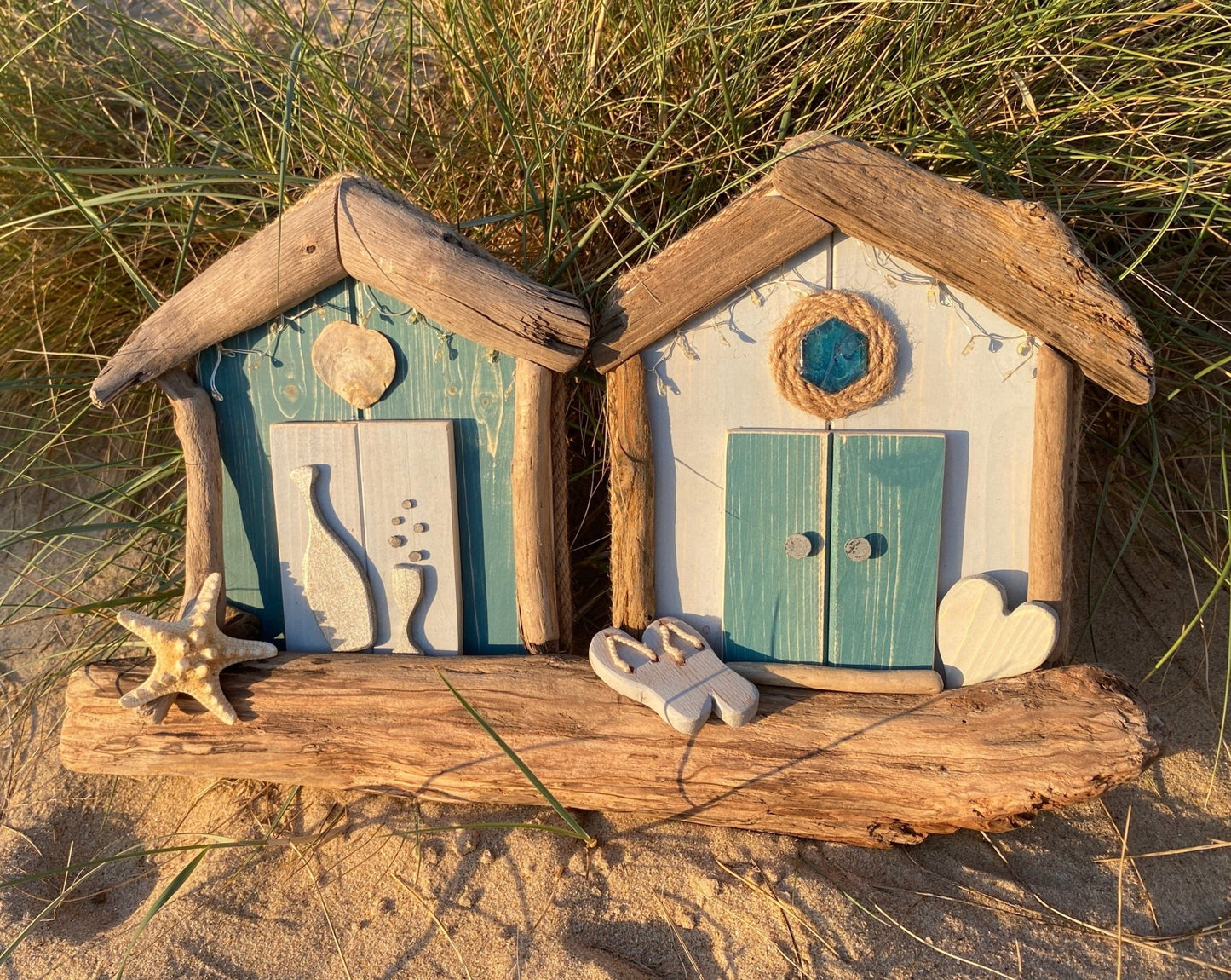 Driftwood beach huts with Fairy lights - double Blue Aqua - Drift Craft by Jo