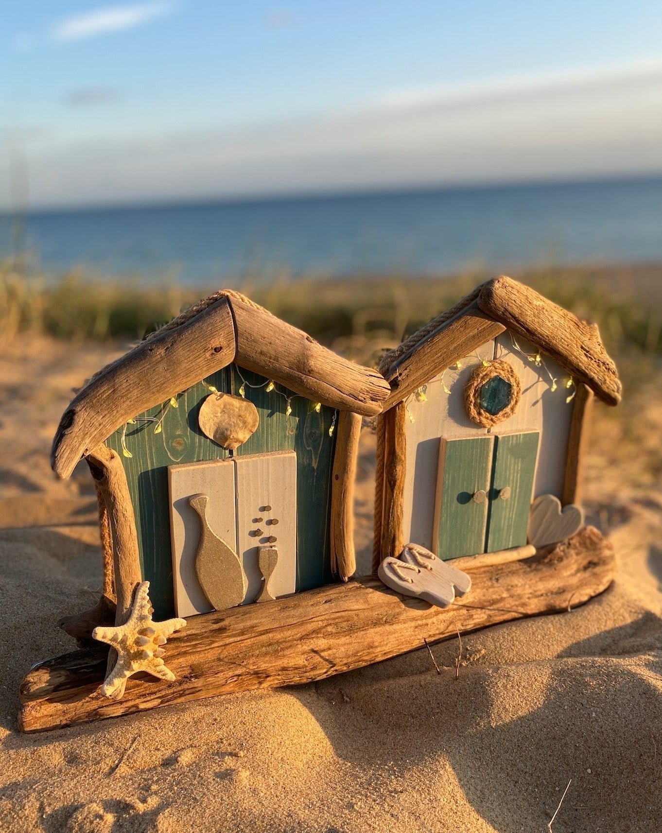 Driftwood beach huts with Fairy lights - double Blue Aqua - Drift Craft by Jo