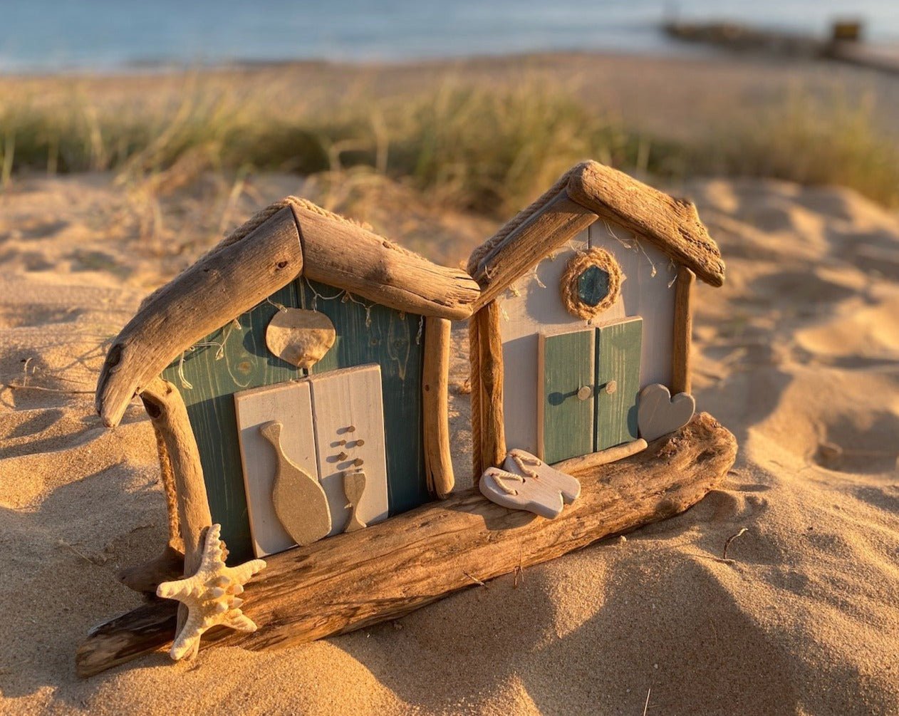 Driftwood beach huts with Fairy lights - double Blue Aqua - Drift Craft by Jo