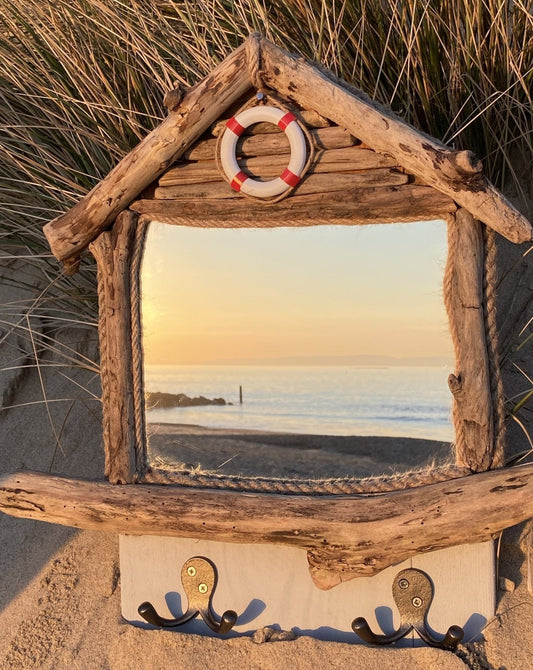 Driftwood Boathouse Mirror with Rustic Hooks - Drift Craft by Jo