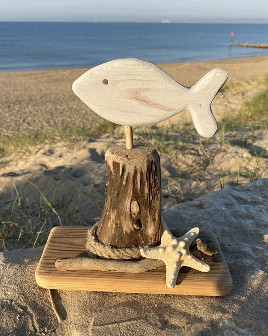 Driftwood Fish Home Decor with Starfish - Drift Craft by Jo