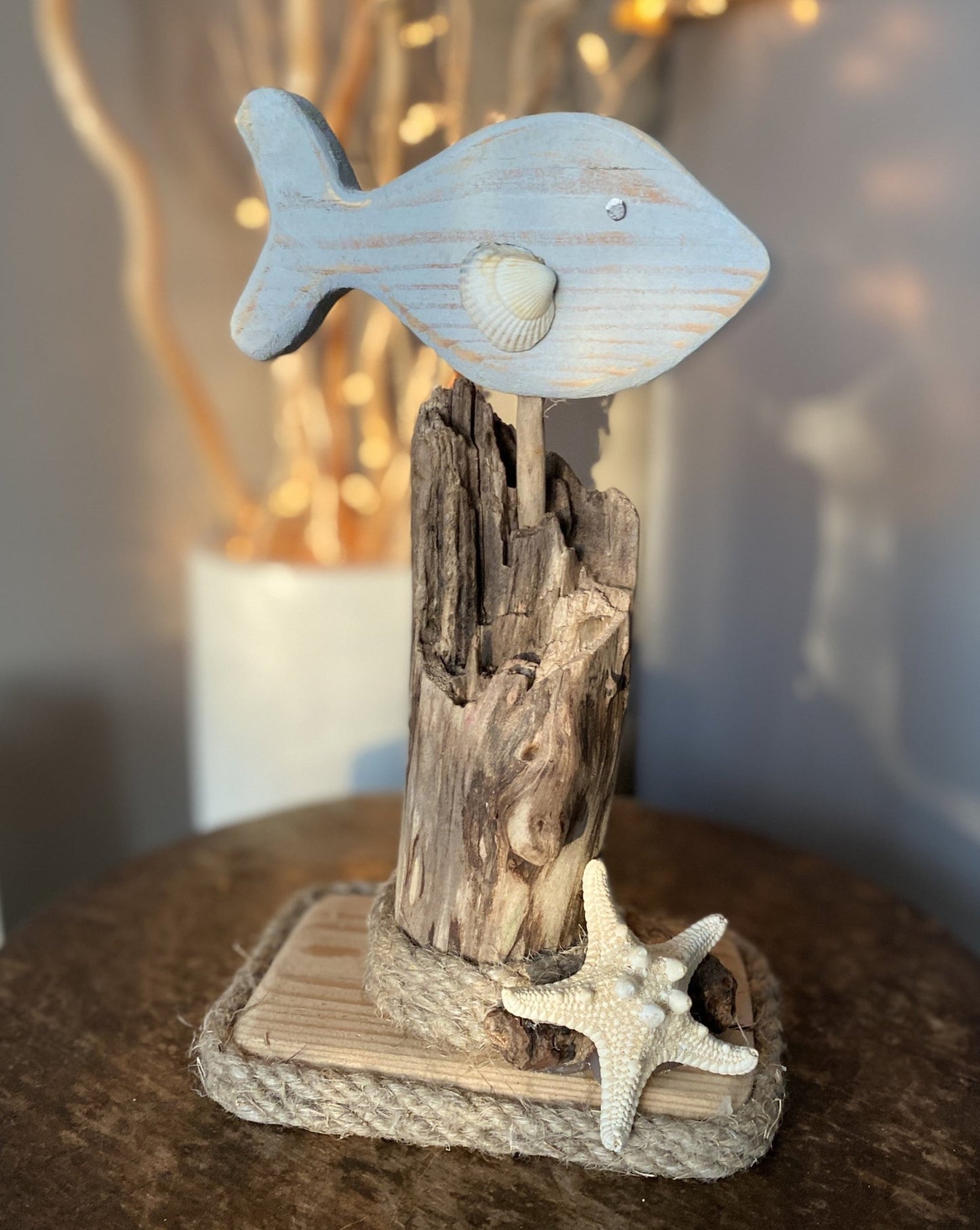 Driftwood Fish Home Decor with Starfish and Shell - Drift Craft by Jo