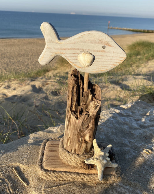 Driftwood Fish Home Decor with Starfish and Shell - Drift Craft by Jo