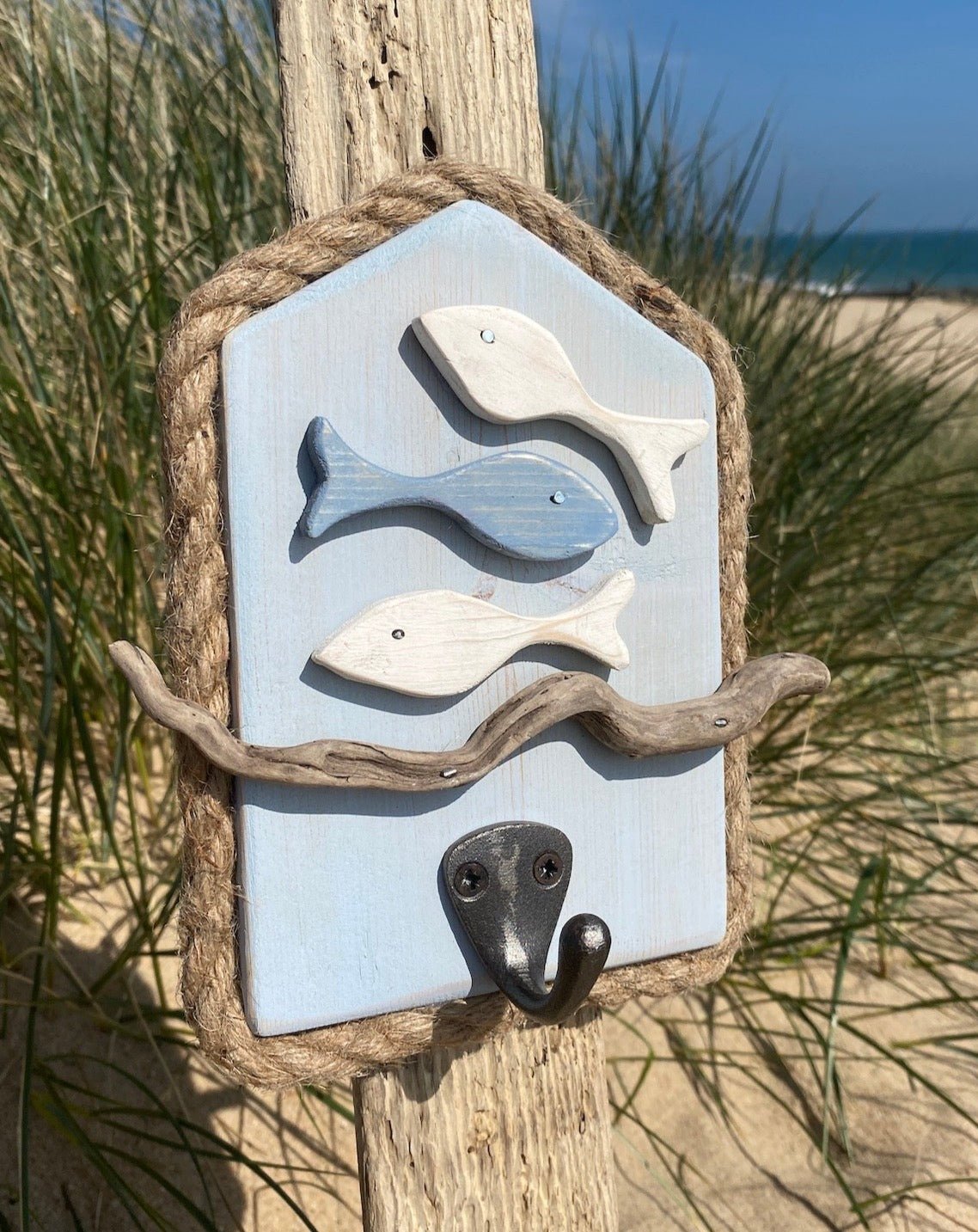 Driftwood Key Hooks - Light Blue with Fish - Drift Craft by Jo