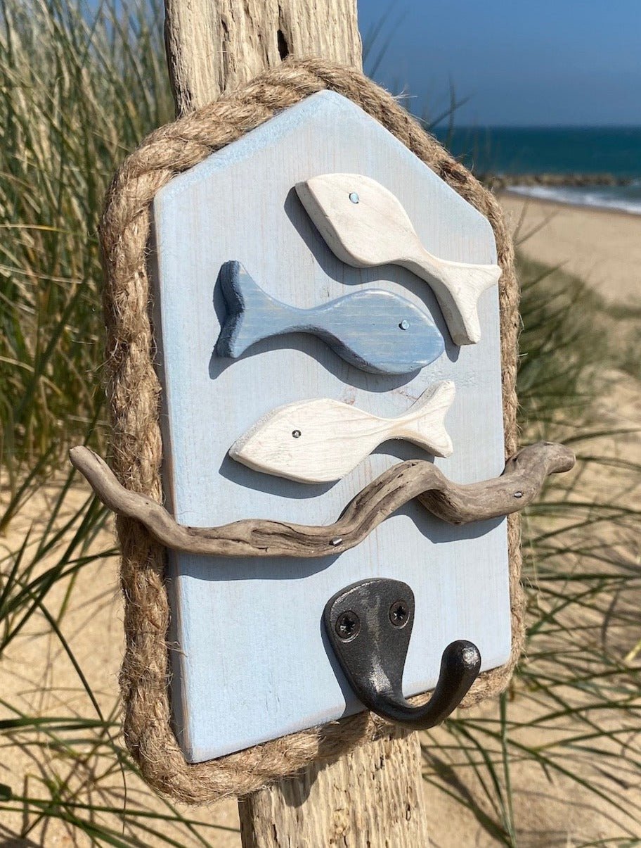 Driftwood Key Hooks - Light Blue with Fish - Drift Craft by Jo