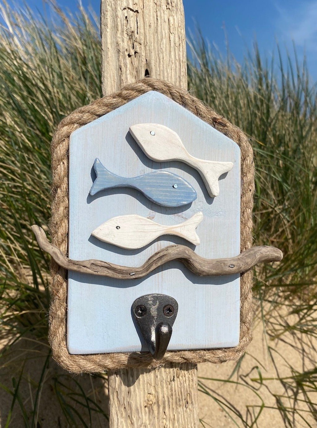 Driftwood Key Hooks - Light Blue with Fish - Drift Craft by Jo