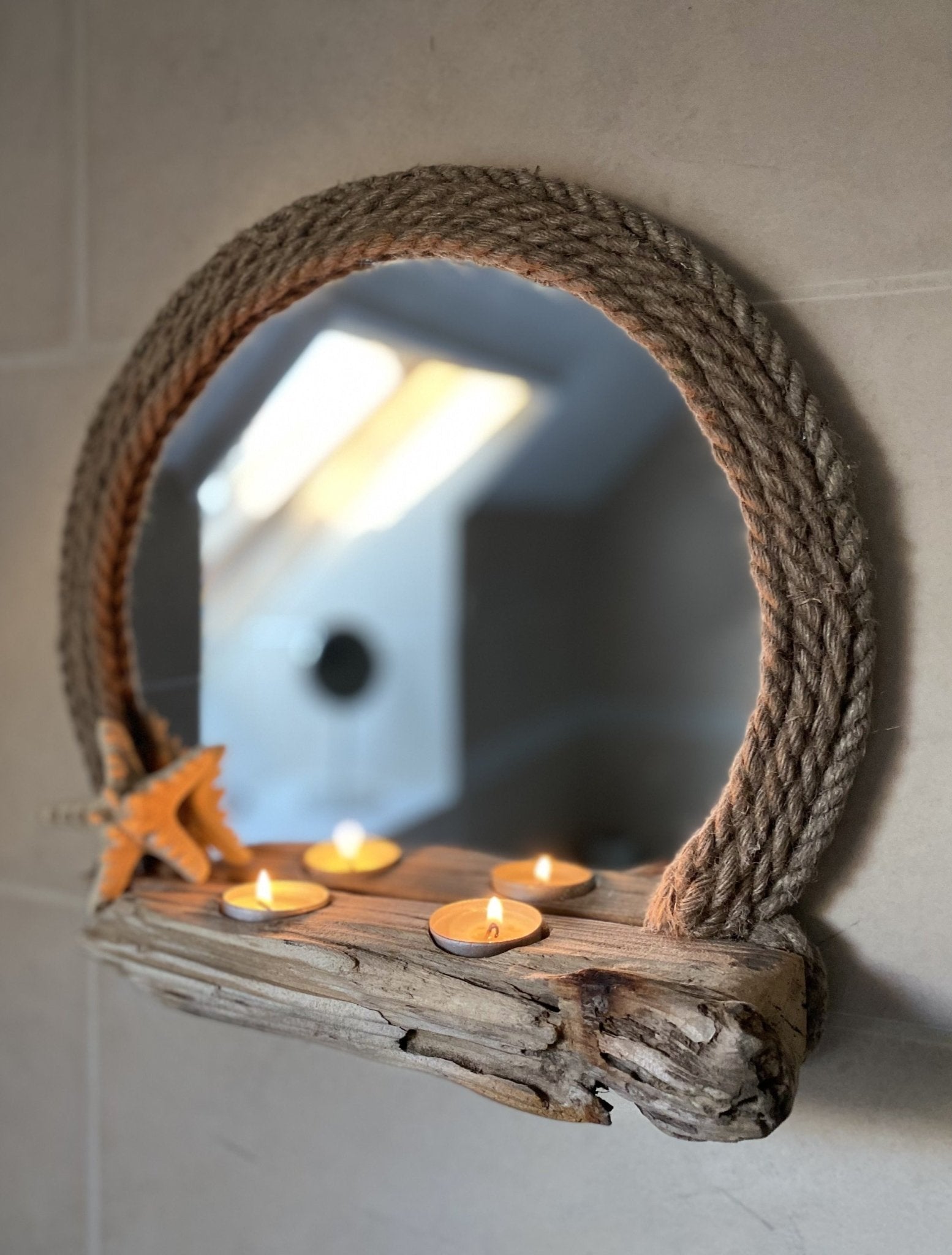 Driftwood Mirror -Round with rope, starfish and tea light shelf - Drift Craft by Jo