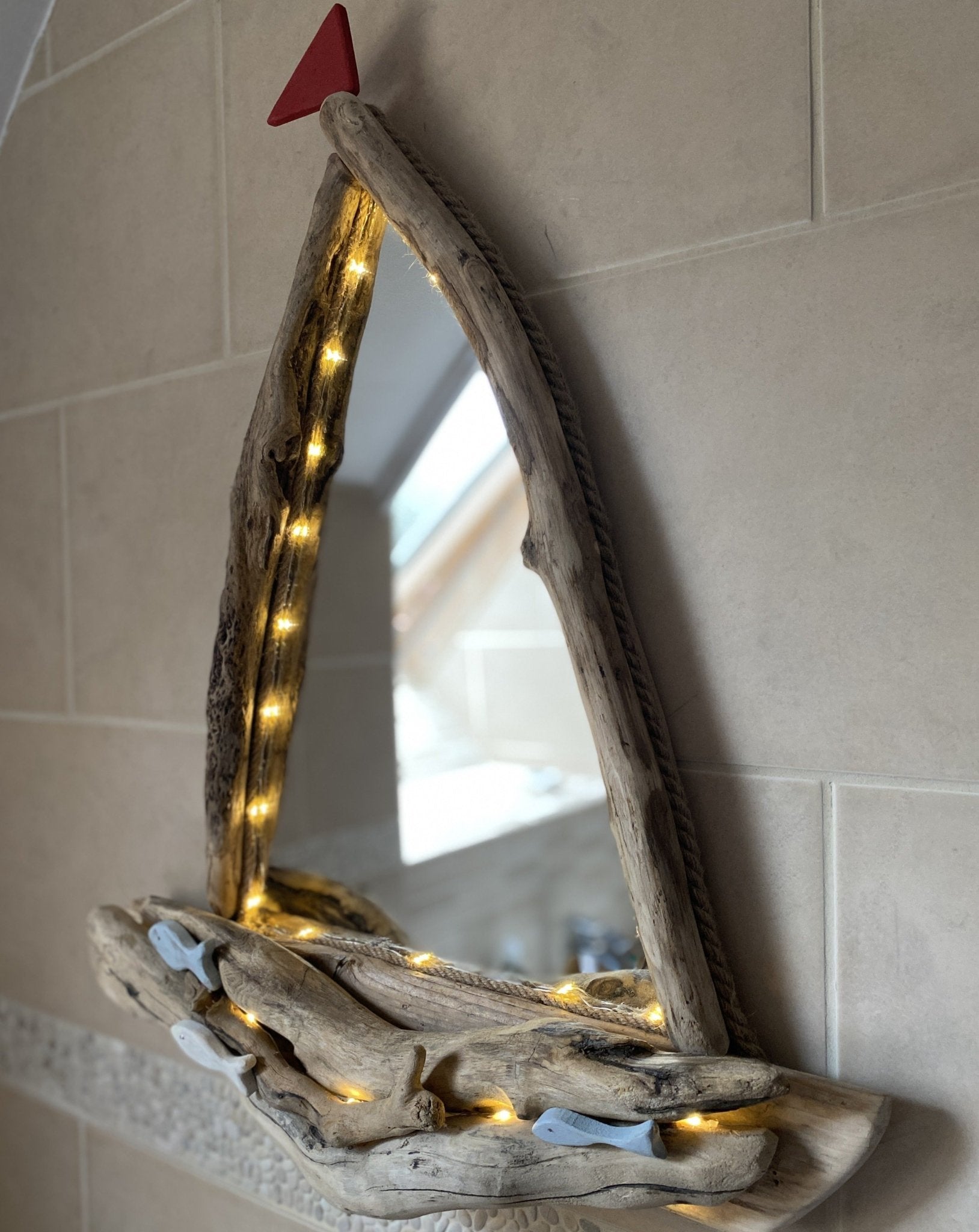 Driftwood Mirror - Sail Boat with Led Lights, Fish and Red Flag - Drift Craft by Jo